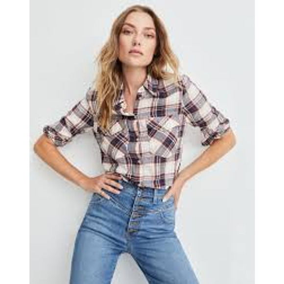 Tulle Pure Cotton Button Back Detail Slight Crop Plaid Button Down Blouse - Picture 1 of 8
